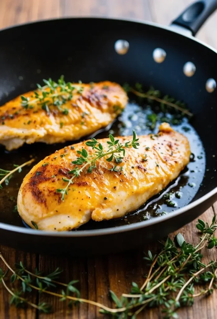 A sizzling chicken breast searing in a hot pan with sprigs of thyme and aromatic herbs scattered around