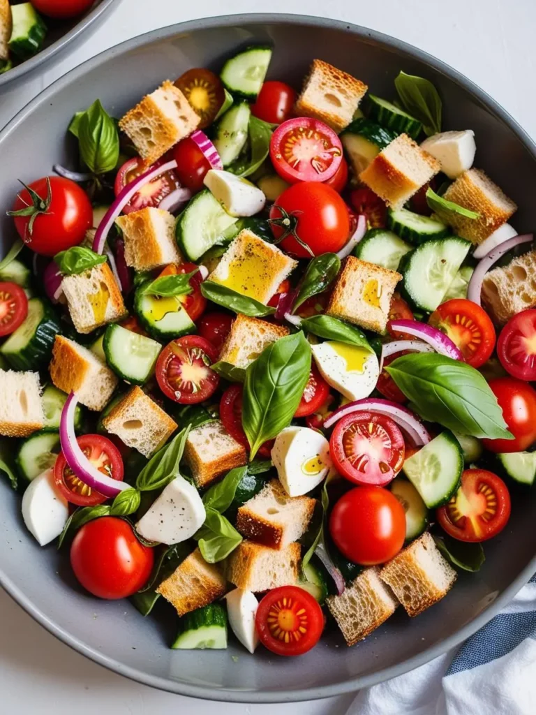 A colorful bowl of panzanella salad with chunks of fresh mozzarella, vibrant tomatoes, crisp cucumbers, and fragrant basil, drizzled with a balsamic vinaigrette