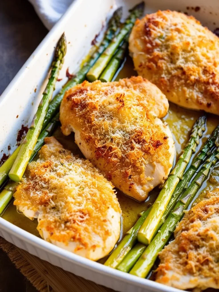 A baking dish filled with golden-brown chicken breasts, topped with a crispy breadcrumb mixture. The chicken is baked alongside a bed of asparagus spears. The dish looks incredibly appetizing and perfect for a healthy and satisfying meal.