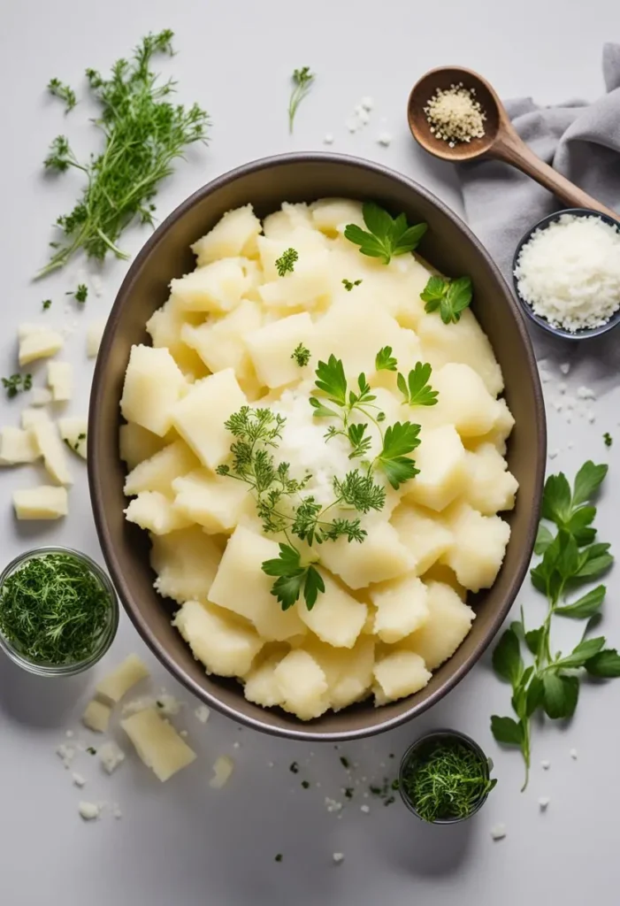 A bowl of creamy mashed potatoes topped with grated parmesan and fresh herbs, surrounded by cooking utensils and ingredients