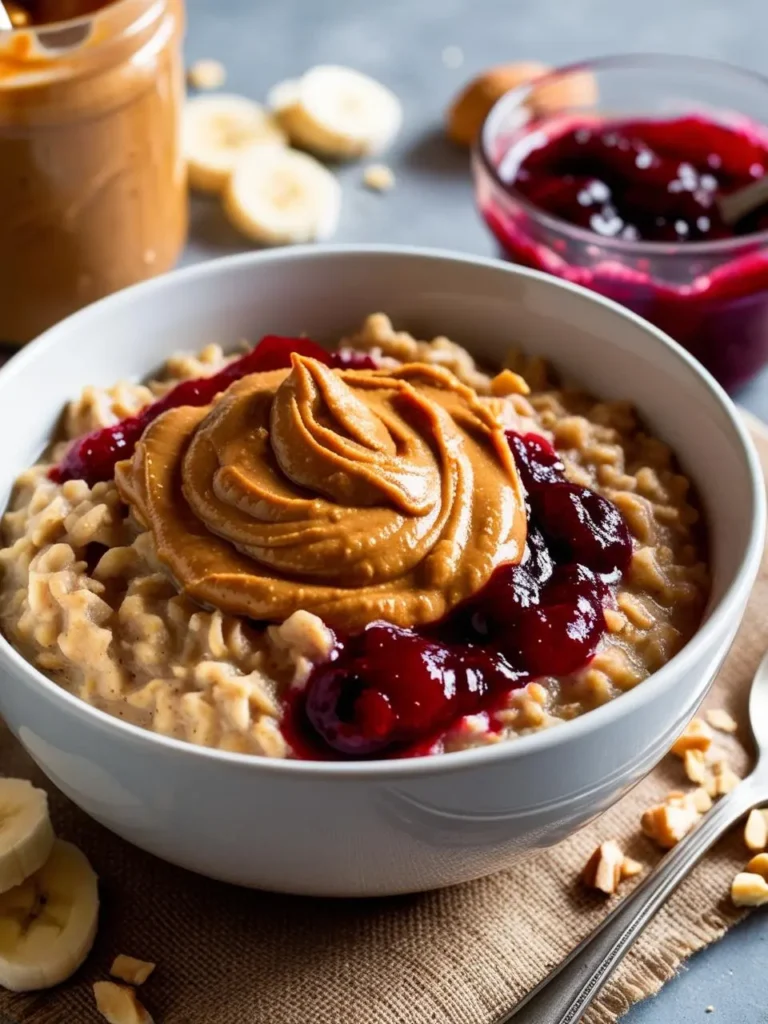 A bowl of oatmeal topped with swirls of peanut butter and jelly, surrounded by scattered oats, nuts, and fresh berries