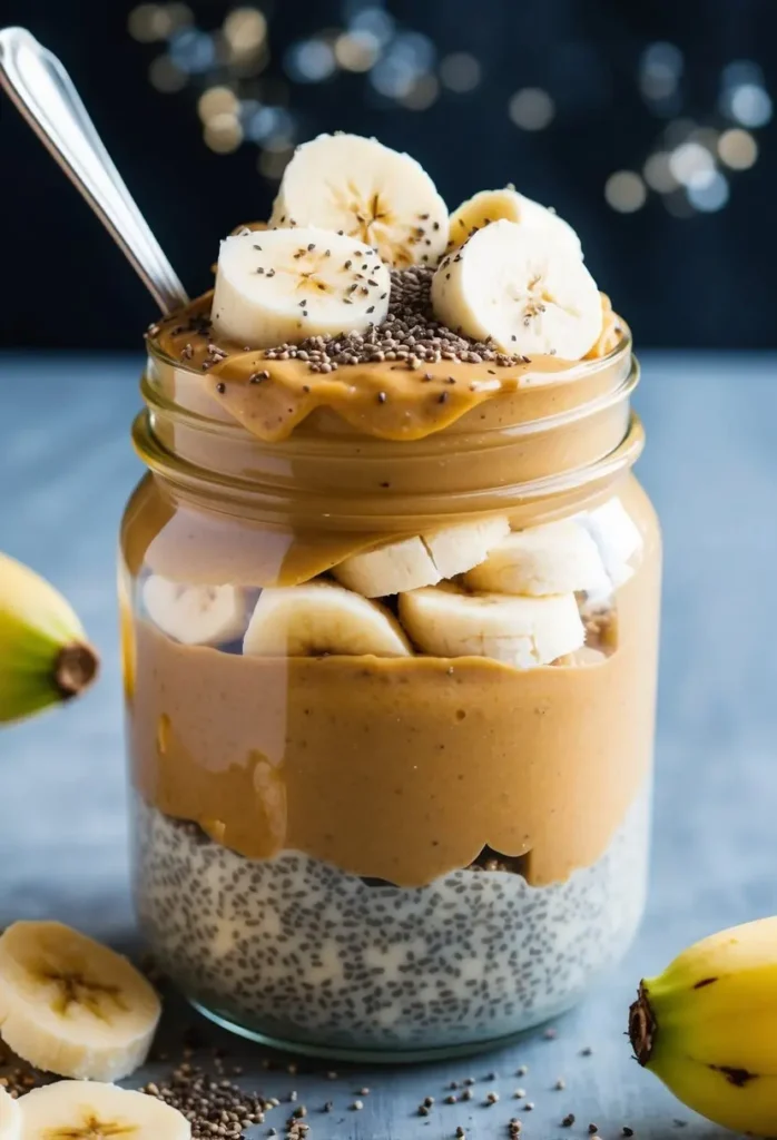 A glass jar filled with layers of creamy peanut butter, sliced bananas, and chia pudding, topped with a sprinkle of chia seeds and banana slices