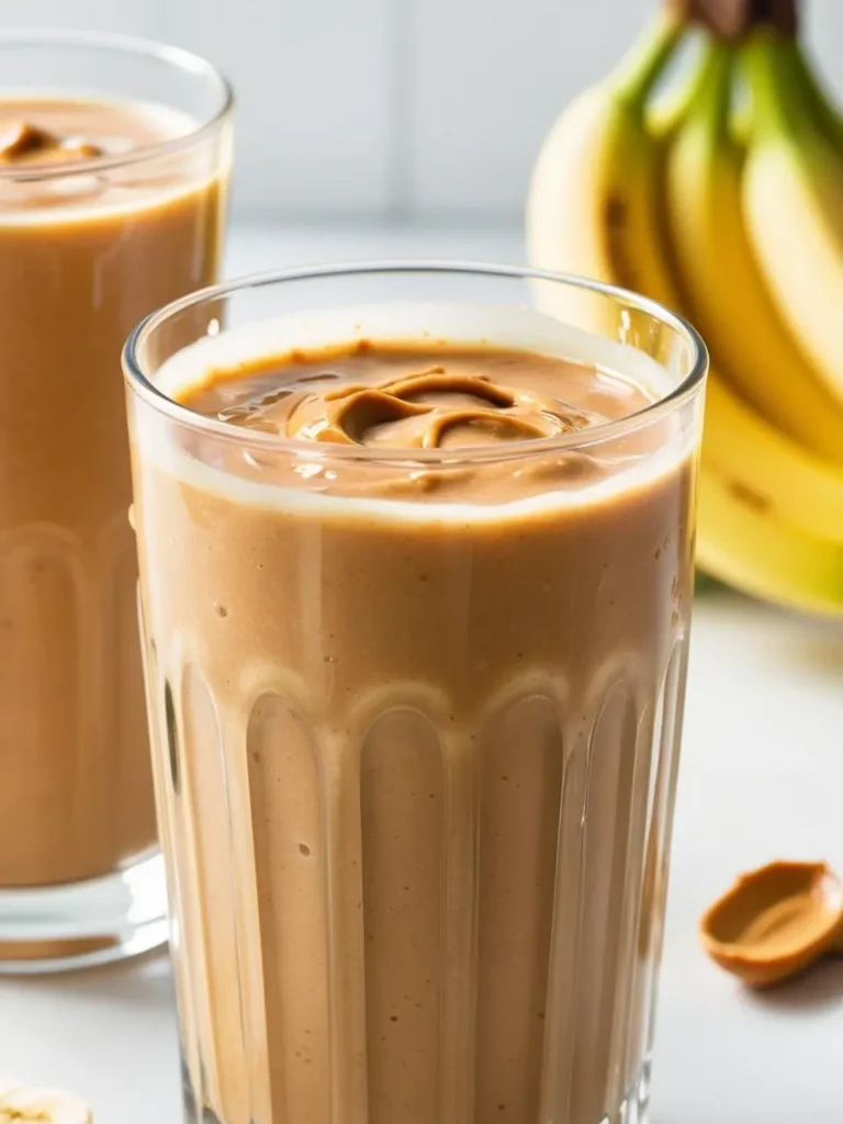 A thick and creamy peanut butter smoothie in a clear glass, with a swirl of peanut butter on top. The smoothie is surrounded by bananas and oats, suggesting its ingredients.