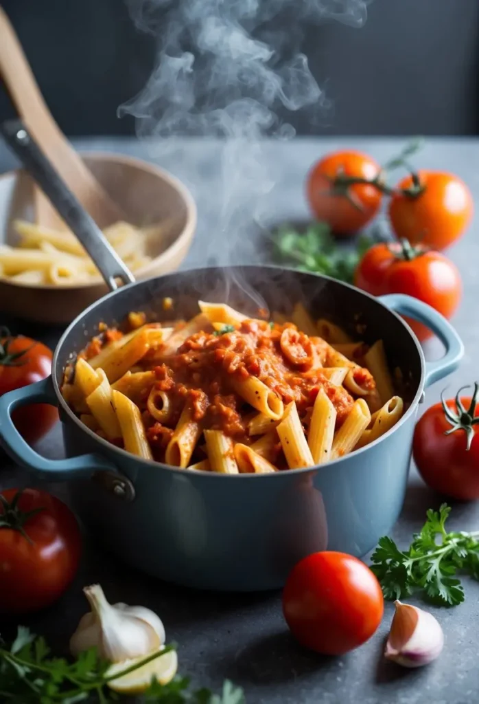 A steaming pot of penne pasta in spicy arrabbiata sauce, surrounded by fresh ingredients like tomatoes, garlic, and chili peppers on a kitchen counter