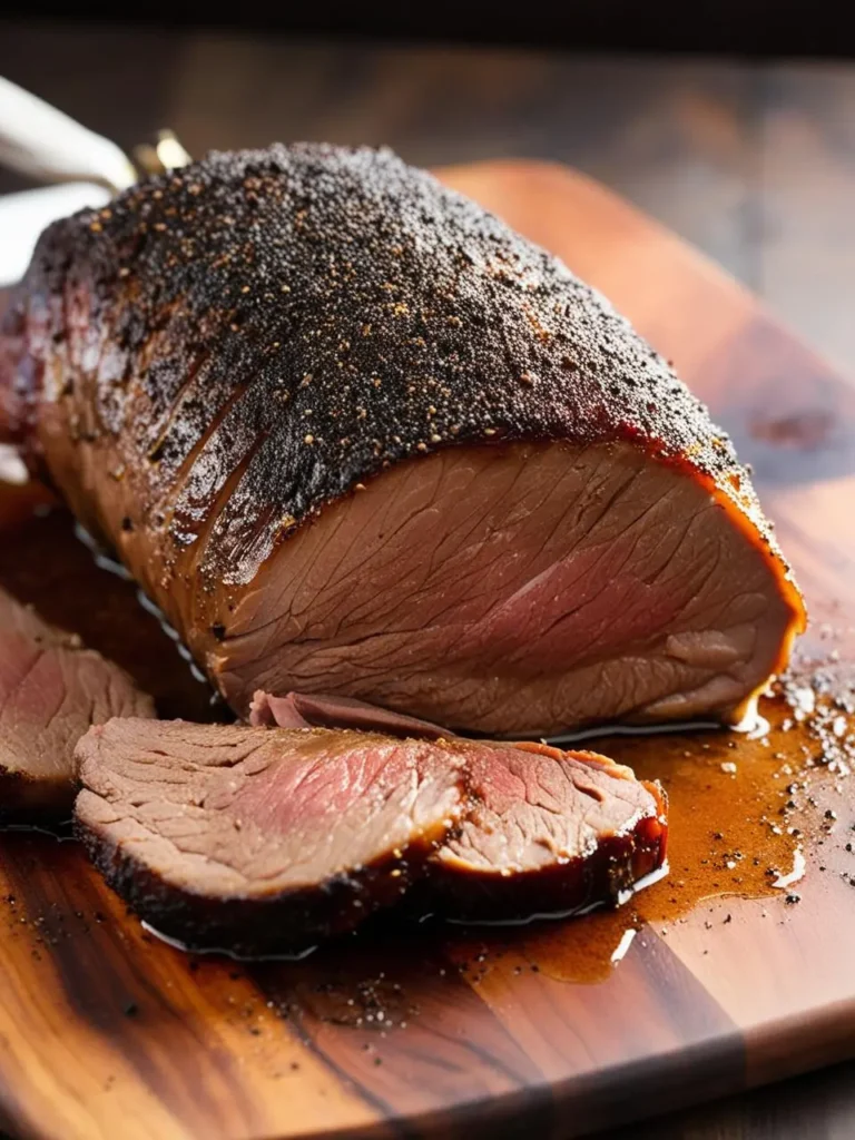 A perfectly roasted sirloin tip roast, sliced and served on a wooden board. The roast is seasoned with a blend of spices and looks incredibly appetizing. The meat is juicy and tender, and the crust is crispy and flavorful.