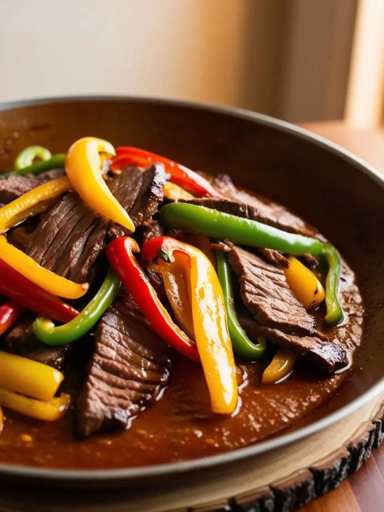 A skillet filled with sliced flank steak and colorful bell peppers, all cooked in a rich, flavorful sauce. The dish looks delicious and ready to be served.