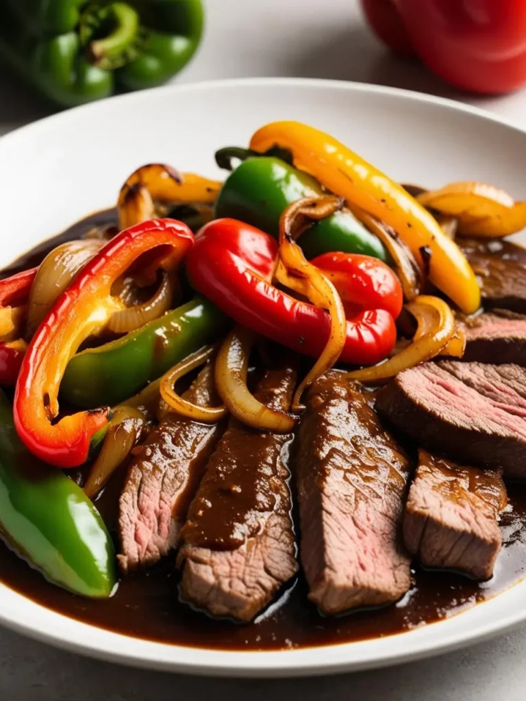 A plate of sliced steak topped with a rich, dark sauce and a colorful medley of roasted bell peppers and onions. The dish looks delicious and flavorful.