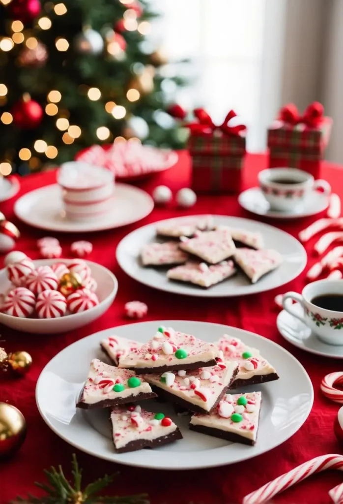 A festive table spread with peppermint bark, candy canes, and other Christmas treats