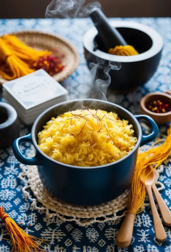 A steaming pot of Persian saffron rice sits on a patterned tablecloth, surrounded by vibrant saffron threads, a mortar and pestle, and a stack of recipe cards