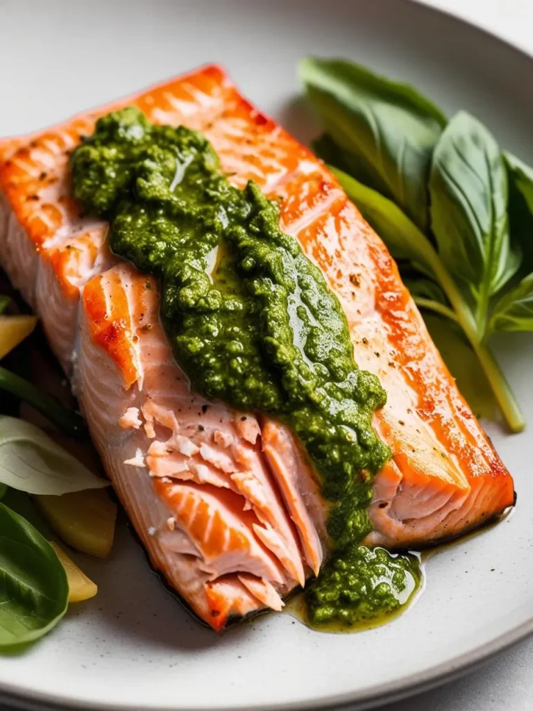 A golden-brown salmon fillet is topped with a vibrant green pesto sauce and served on a plate with roasted potatoes and fresh basil leaves. The dish looks incredibly appetizing and flavorful.