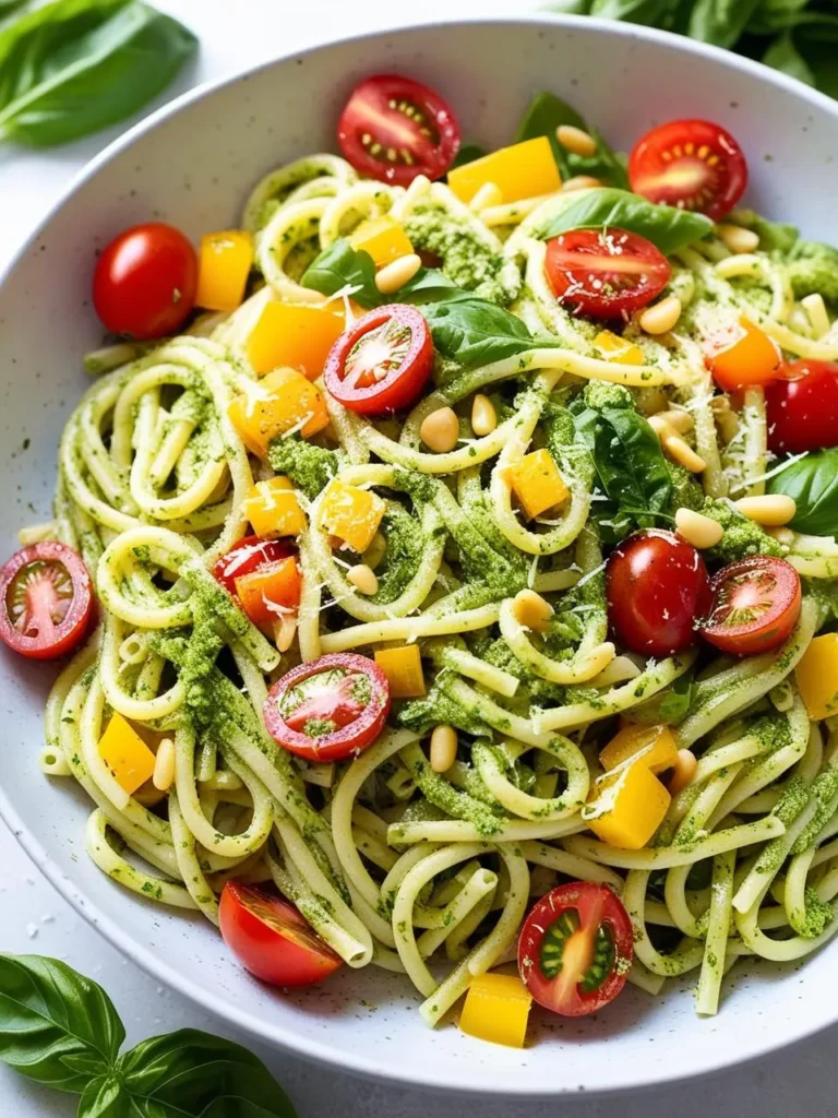 A plate of spaghetti tossed with a vibrant green pesto sauce, topped with cherry tomatoes, pine nuts, and fresh basil leaves. The dish looks delicious and refreshing.