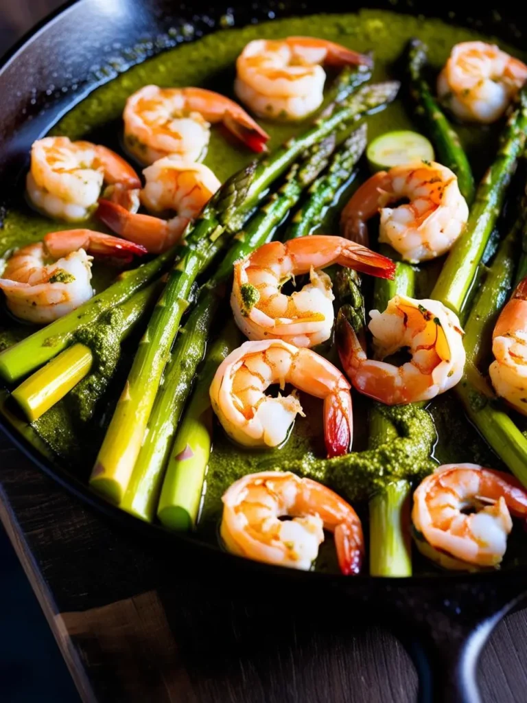 A skillet filled with shrimp and asparagus cooked in a green sauce.