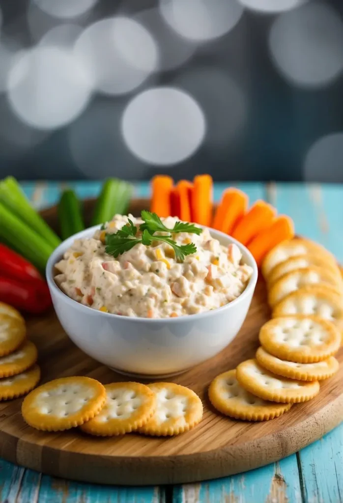 A bowl of pimento cheese dip surrounded by crackers and vegetables on a wooden serving board