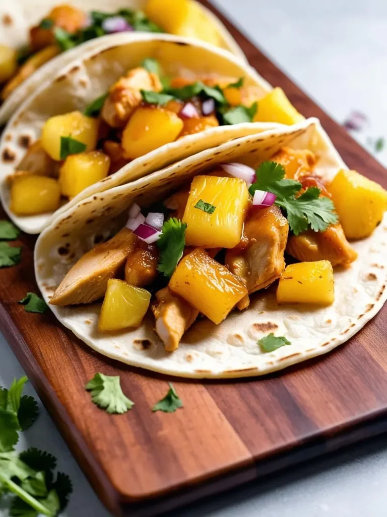 Three soft tortillas filled with chicken and pineapple, topped with red onion and cilantro. The tacos look delicious and perfect for a summer meal.