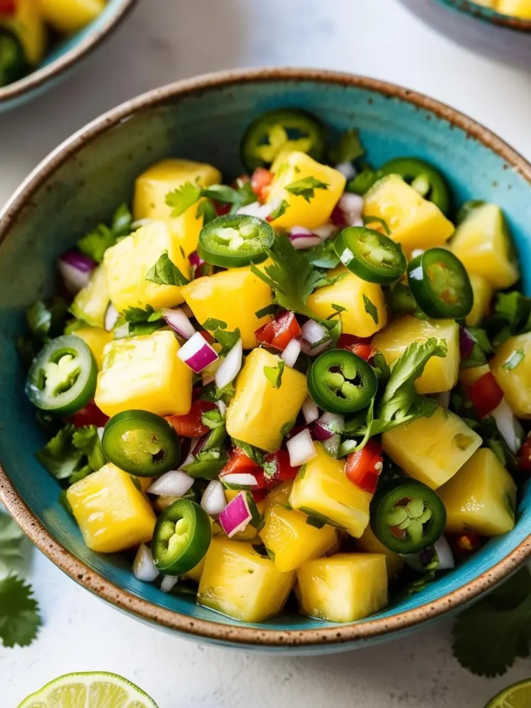 A vibrant bowl of pineapple salsa, featuring diced pineapple, red onion, jalapeños, cilantro, and a hint of lime juice. The salsa looks fresh, flavorful, and perfect for adding a tropical twist to tacos, burritos, or chips.