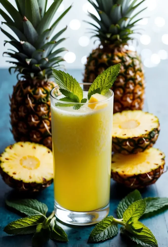 A tall glass filled with pineapple mint juice surrounded by fresh pineapple and mint leaves