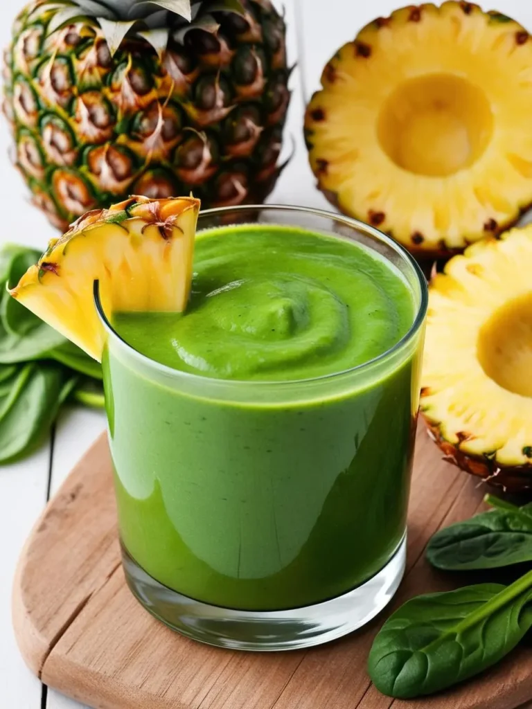 Glass of vibrant green smoothie made with pineapple and spinach, garnished with a fresh pineapple wedge. Whole pineapples and pineapple halves are placed in the background, along with fresh spinach leaves on a wooden surface. The smoothie’s bright green color highlights its refreshing, tropical flavor, perfect for a detox and healthy start to the day.