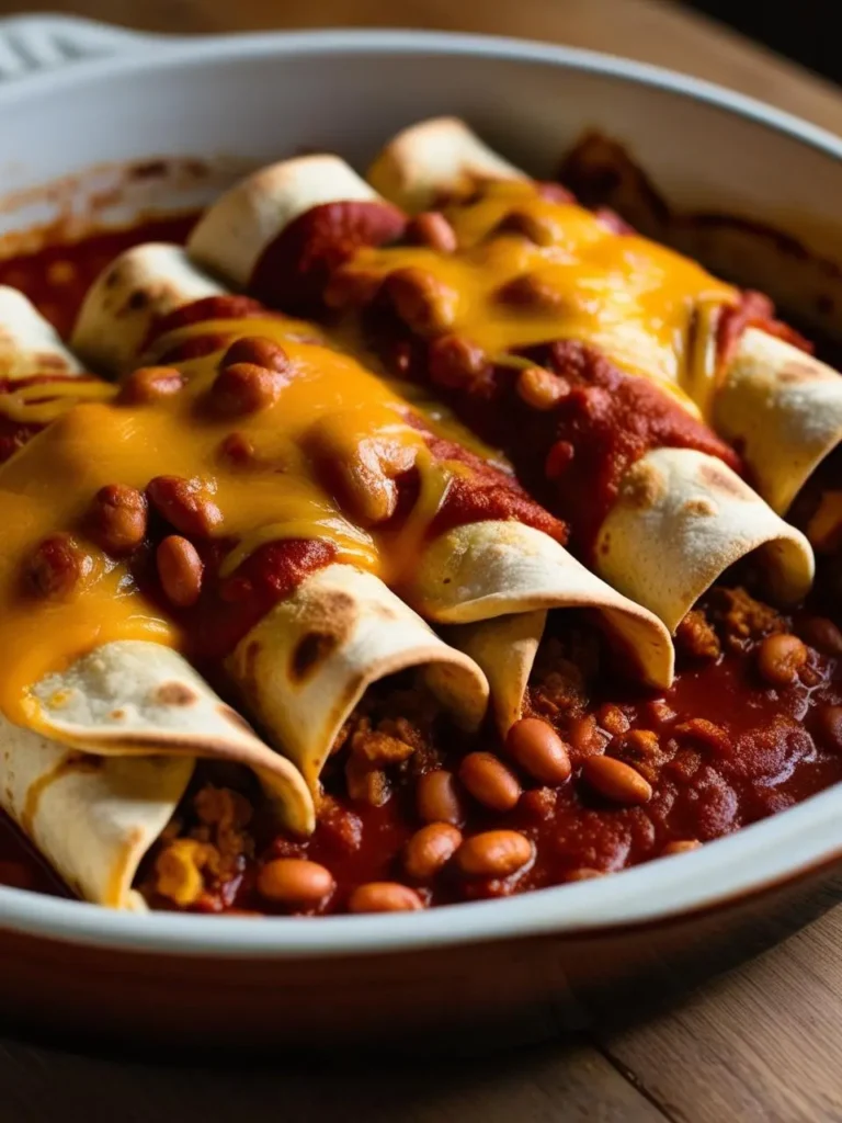 This image showcases a dish of freshly baked pinto bean enchiladas topped with rich, melted cheddar cheese and a generous layer of tangy red enchilada sauce. The warm tortillas are filled and nestled in a baking dish, with pinto beans peeking through the sauce, adding texture and flavor.