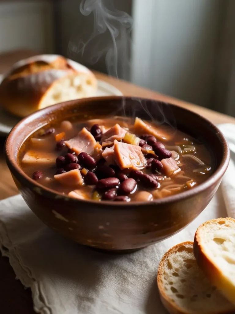 A steaming pot of pinto bean soup with chunks of ham, surrounded by fresh ingredients like bread