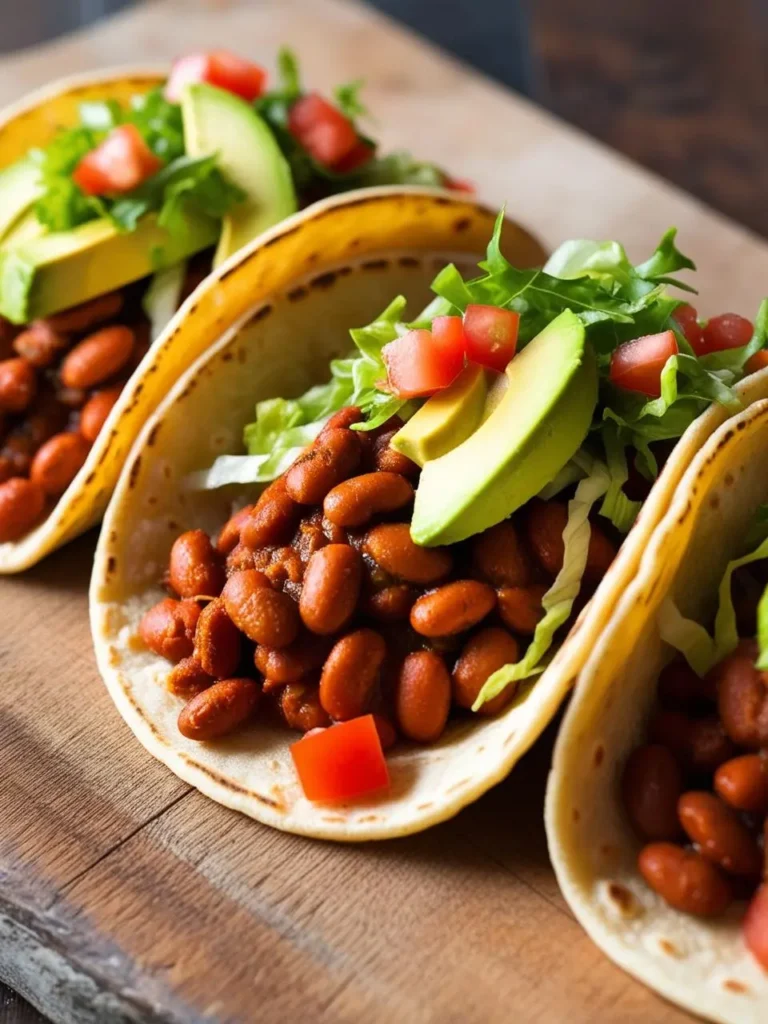 A colorful array of pinto bean tacos, garnished with fresh ingredients and arranged on a wooden serving platter