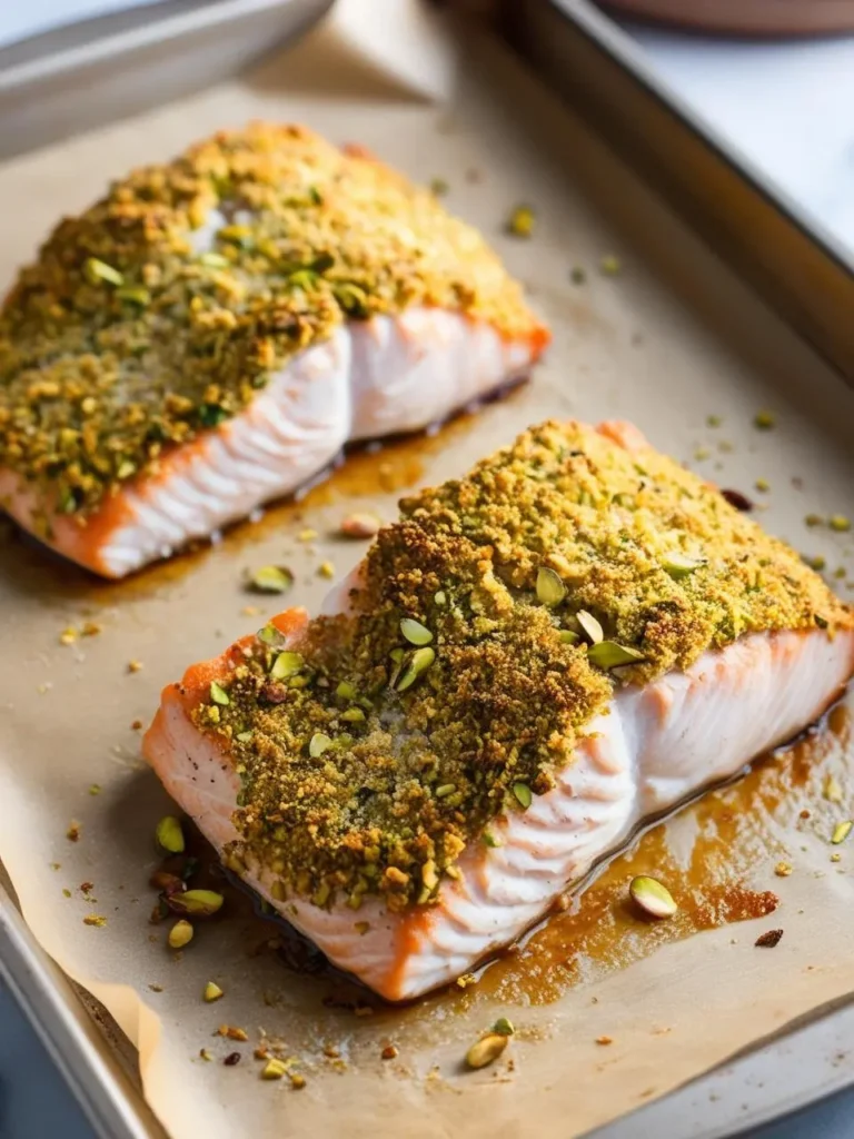 Two fillets of trout on a baking tray, each topped with a golden-brown pistachio crust. The fish is baked to perfection, with a flaky texture and crispy, nutty topping that adds color and texture. The parchment paper-lined tray holds some scattered pistachio pieces, enhancing the visual appeal and hinting at the dish's crunch.