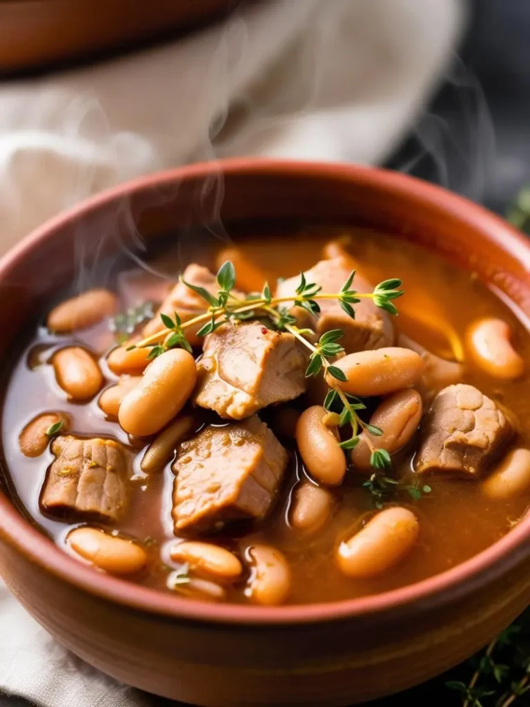 Hearty pork and bean soup with tender pork chunks, creamy white beans, and a rich, savory broth, garnished with fresh thyme. Warm, comforting, and full of flavor!