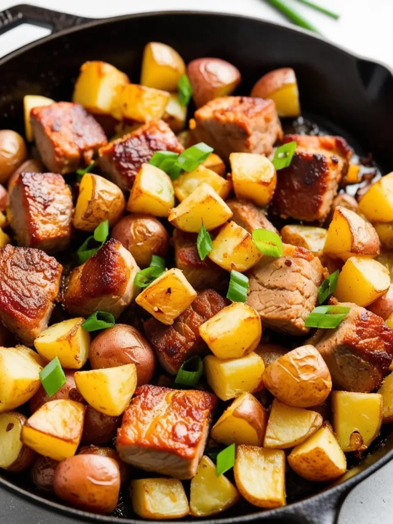 A sizzling skillet of pork and potato hash, steam rising, with herbs and spices scattered around