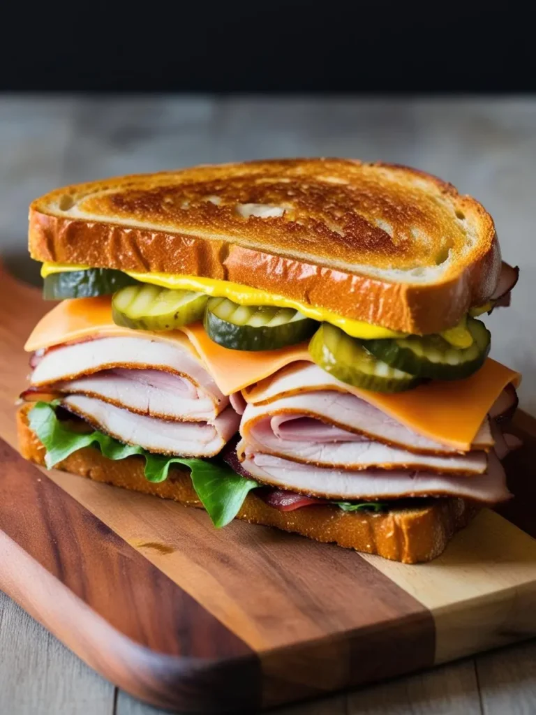 A mouthwatering pork Cuban sandwich layered with sliced roast pork, sharp cheddar cheese, crisp pickles, and fresh lettuce, all stacked between perfectly toasted golden bread. A smear of mustard adds a tangy kick to this hearty, flavorful sandwich. Ideal for a satisfying lunch or a quick meal packed with savory flavors.