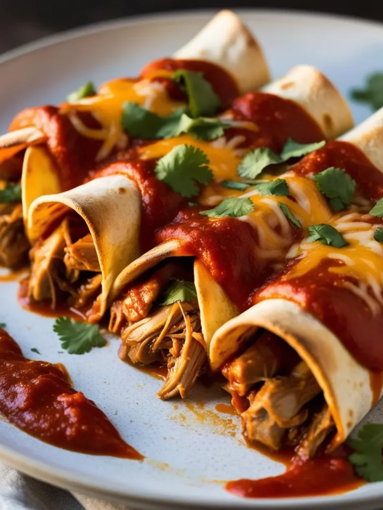 Soft tortillas filled with tender pulled pork, topped with rich red enchilada sauce and melted cheese, garnished with fresh cilantro. These pork enchiladas are bursting with bold flavors, combining savory pork with zesty sauce and creamy cheese for a satisfying, comforting meal.