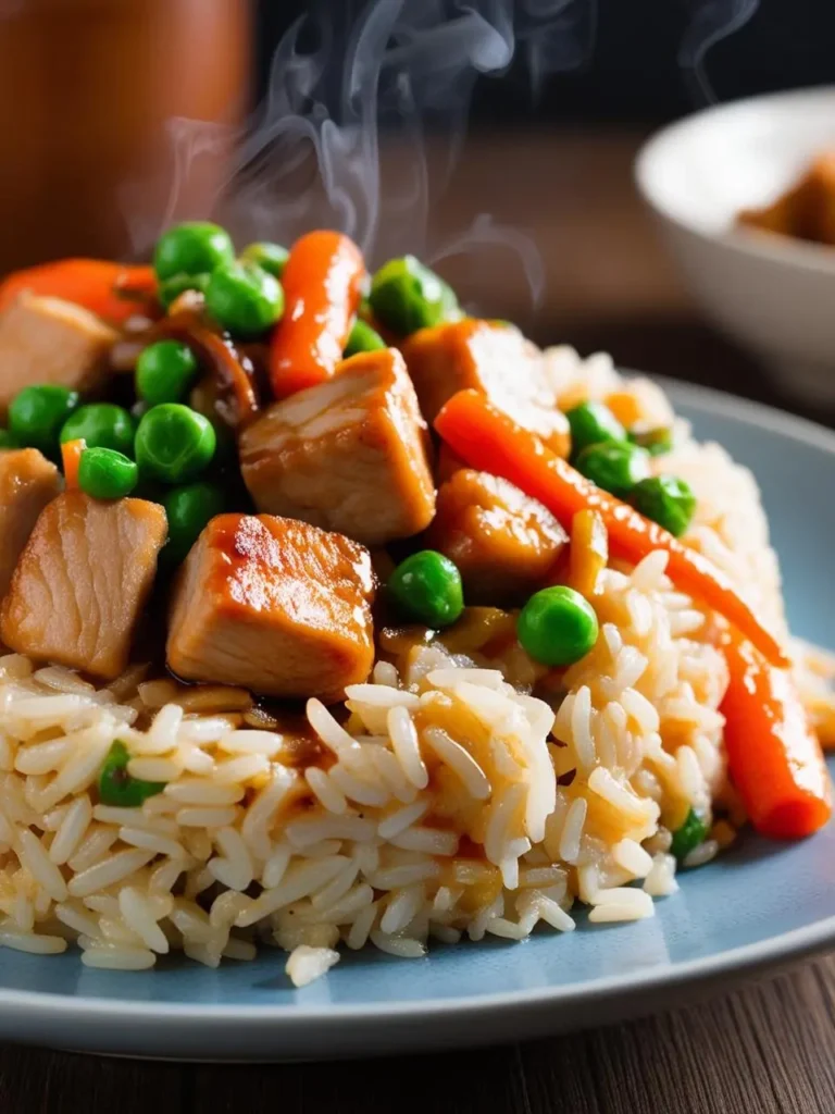 A sizzling plate filled with fluffy rice, diced pork, and colorful vegetables, emitting a savory aroma