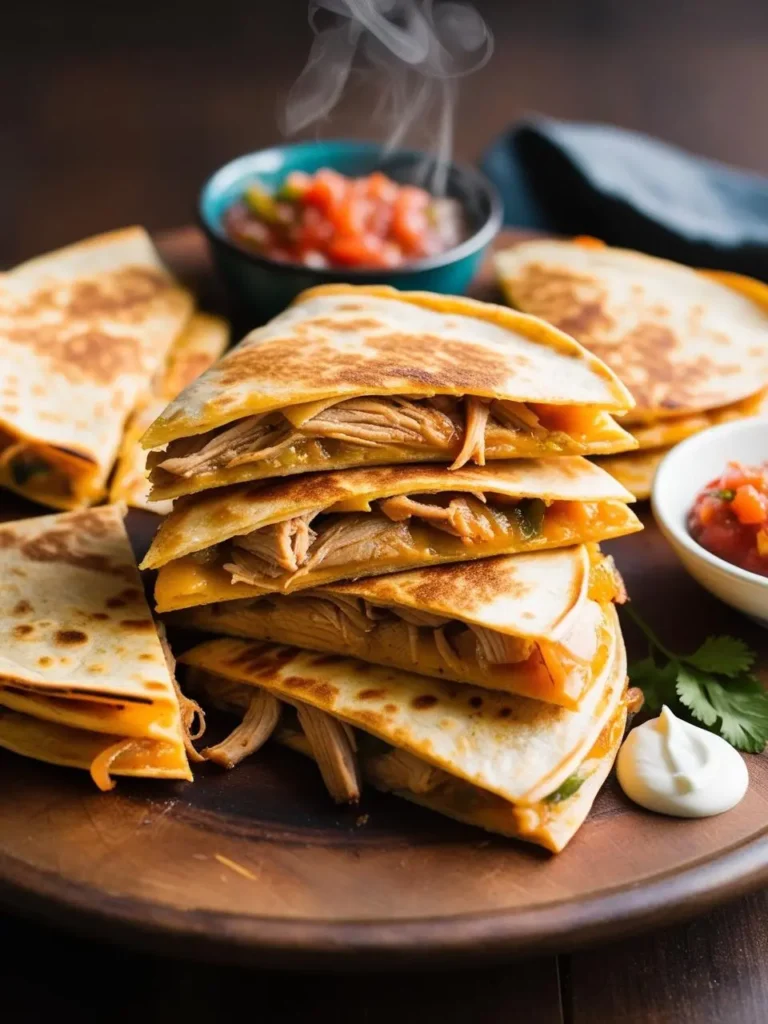 Golden, crispy quesadillas filled with tender pulled pork and melted cheese, stacked high and served with sides of fresh salsa and sour cream. The quesadillas are perfectly toasted, with steam rising from each slice, offering a deliciously warm and savory treat. Perfect for sharing, this dish is a flavorful fusion of cheesy goodness and juicy pork, ideal for a quick and satisfying meal.