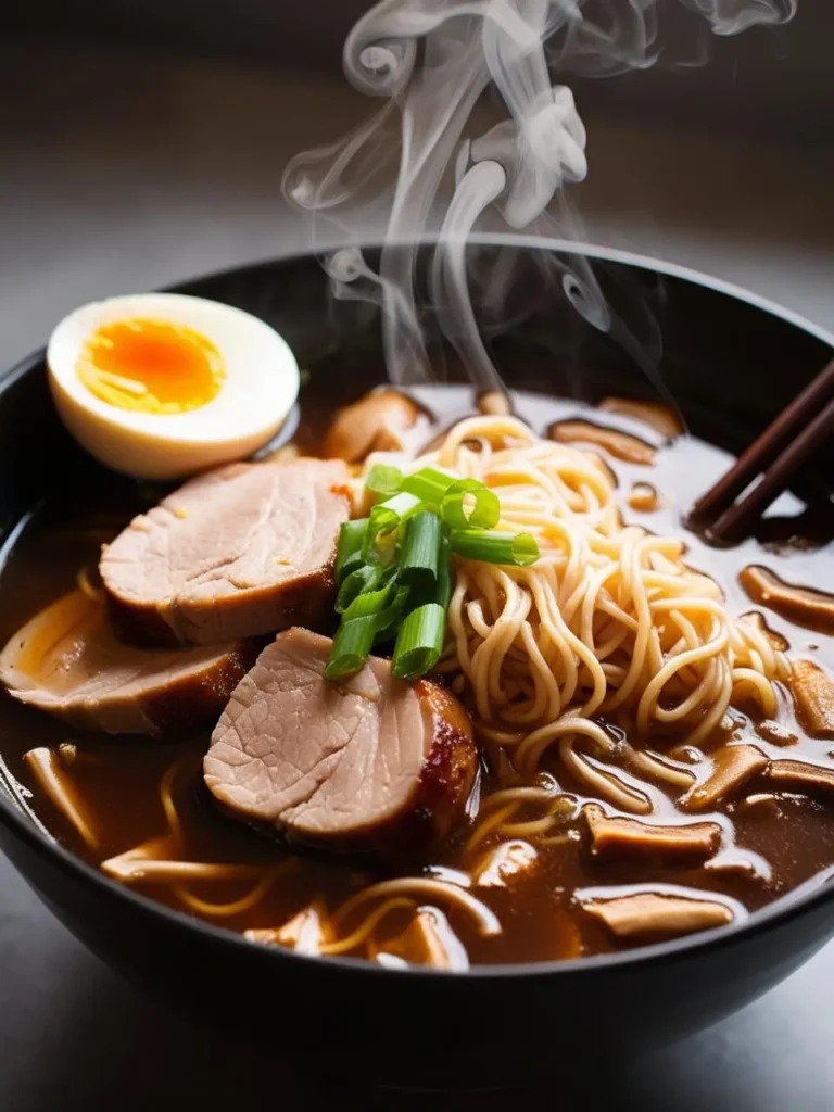 A steaming bowl of savory pork ramen, featuring tender slices of pork, chewy noodles, and a rich, flavorful broth. Topped with a soft-boiled egg, green onions, and mushrooms, this comforting dish is a perfect blend of textures and flavors. The warm, aromatic steam rising from the bowl adds to the appeal of this cozy, satisfying meal.