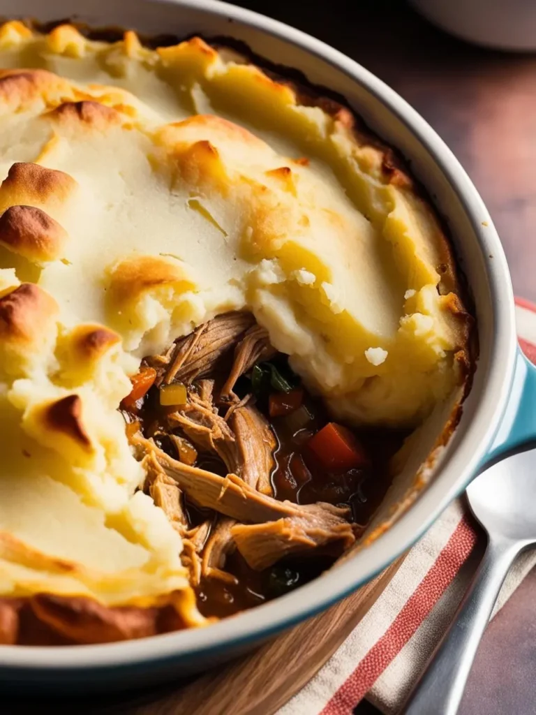 A comforting pork shepherd’s pie topped with golden, creamy mashed potatoes. Beneath the fluffy potato layer, tender pulled pork is mixed with savory vegetables in a rich, flavorful gravy. The slightly browned edges of the mashed potatoes add an inviting touch, making this hearty dish perfect for a cozy meal.