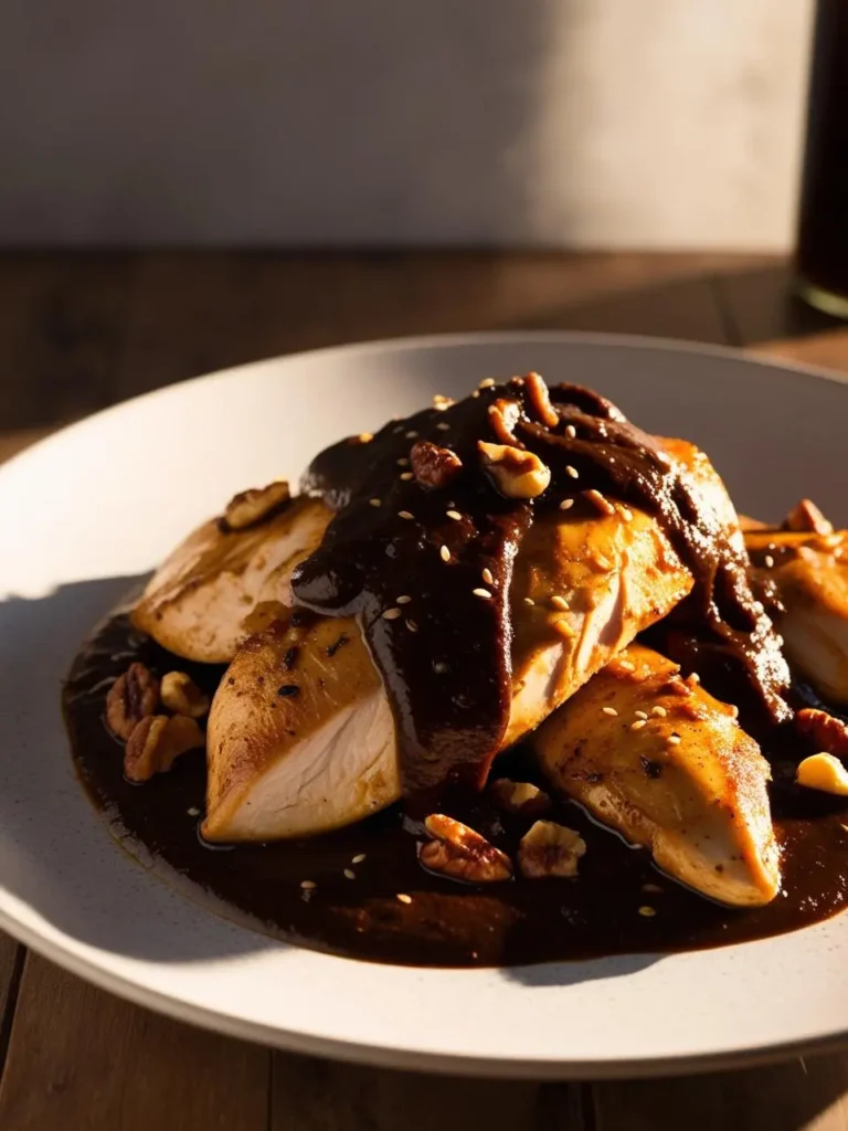 A plate of chicken breasts covered in a rich, dark mole sauce. The sauce is topped with chopped pecans and sesame seeds, adding a touch of crunch and flavor. The dish looks incredibly appetizing and perfect for a special occasion.