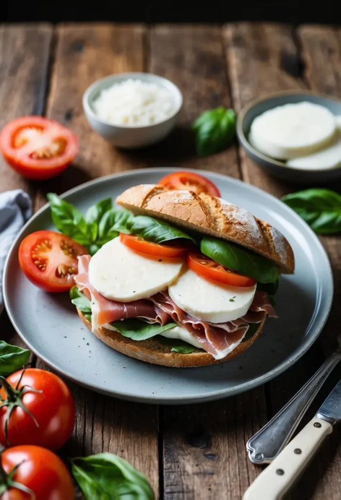 A rustic wooden table with a plate holding a freshly made prosciutto and mozzarella sandwich, surrounded by ingredients like tomatoes and basil