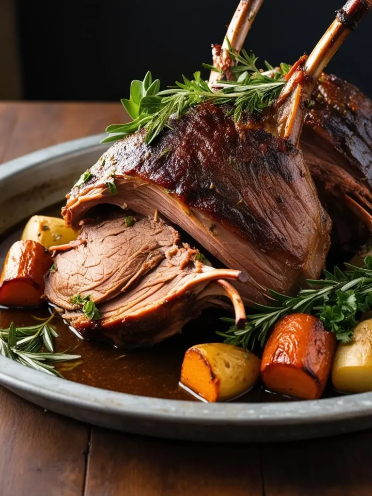 A perfectly roasted rack of lamb, garnished with fresh rosemary and thyme. The lamb is sliced open to reveal juicy, tender meat. The dish is accompanied by roasted potatoes and carrots and looks incredibly appetizing.