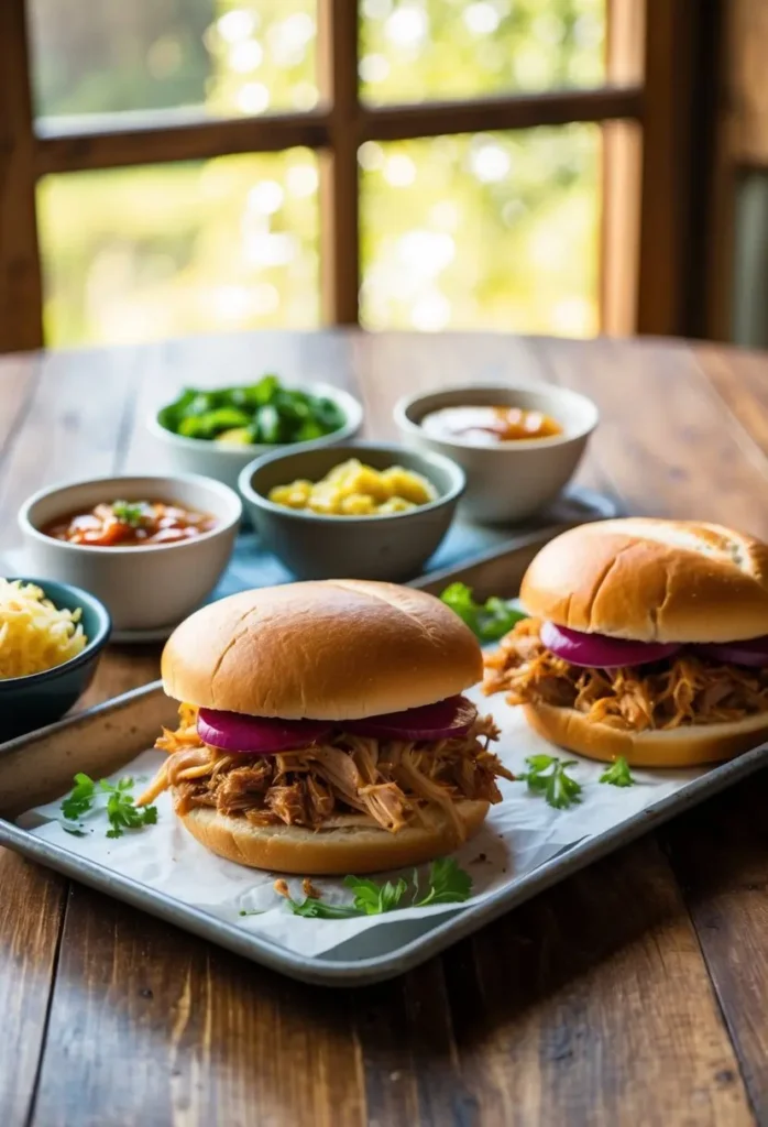 A rustic wooden table set with a platter of pulled pork sandwiches, accompanied by side dishes and condiments. Sunlight streams in through a nearby window, casting a warm glow over the scene