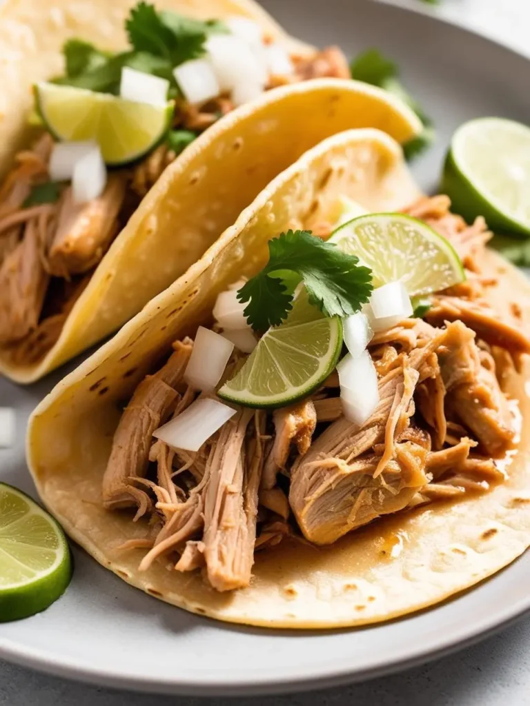 Tender pulled pork wrapped in soft tortillas, topped with fresh cilantro, diced onions, and a squeeze of lime for a bright, savory flavor. Perfect for a quick and delicious taco night!