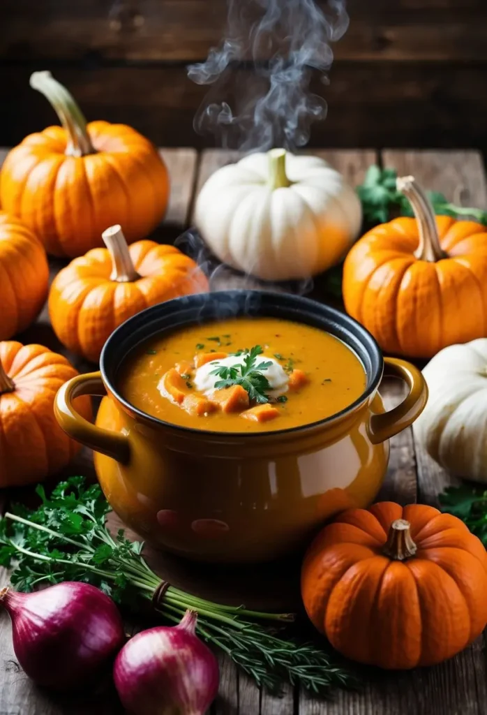 A steaming pot of pumpkin soup surrounded by fresh pumpkins, onions, and herbs on a rustic wooden table