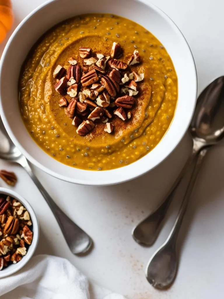 Bowl of creamy pumpkin spice chia pudding with a rich orange hue, topped with chopped pecans and a sprinkle of cinnamon. The dish is accompanied by silver spoons and a small bowl of additional pecans, creating a warm, inviting fall-inspired treat.