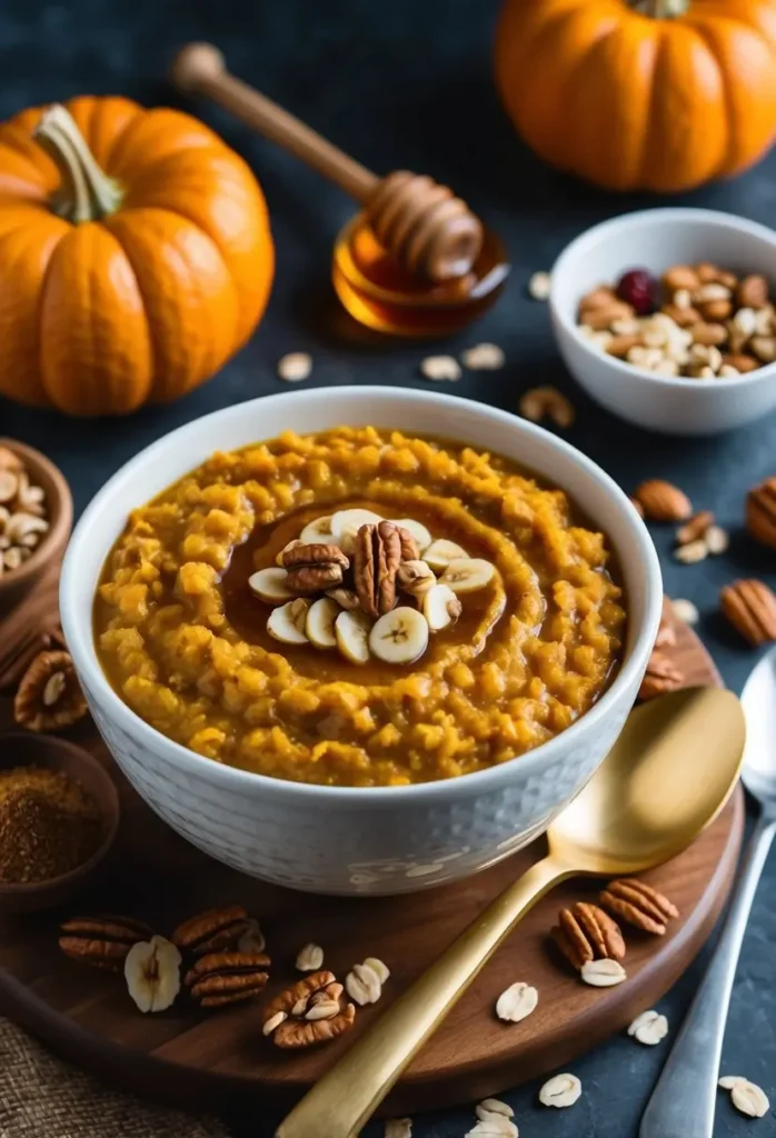 A steaming bowl of pumpkin spice oatmeal surrounded by a variety of wholesome ingredients like nuts, fruits, and honey