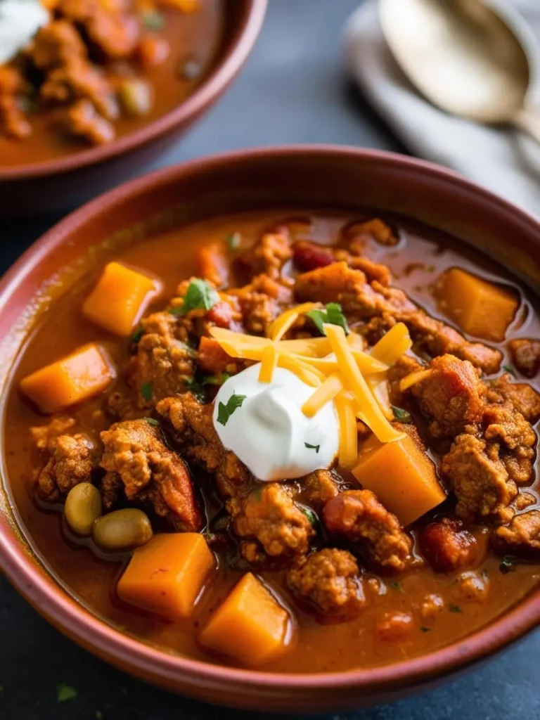 A bowl of hearty chili with ground beef, butternut squash, and pinto beans, topped with sour cream, shredded cheese, and cilantro. The chili looks flavorful and perfect for a cold day.