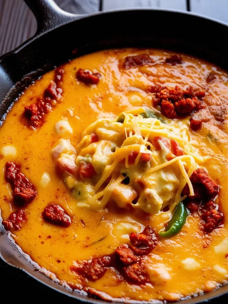 A bubbling hot queso fundido, a Mexican cheese dip with melted cheese, chorizo, and peppers, served in a cast-iron skillet.