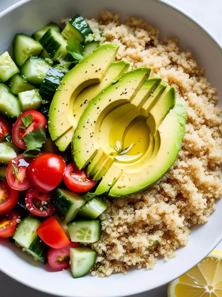 A healthy quinoa bowl with sliced avocado, chopped cucumbers, tomatoes, and fresh herbs. The bowl looks vibrant and refreshing, perfect for a light and nutritious meal.