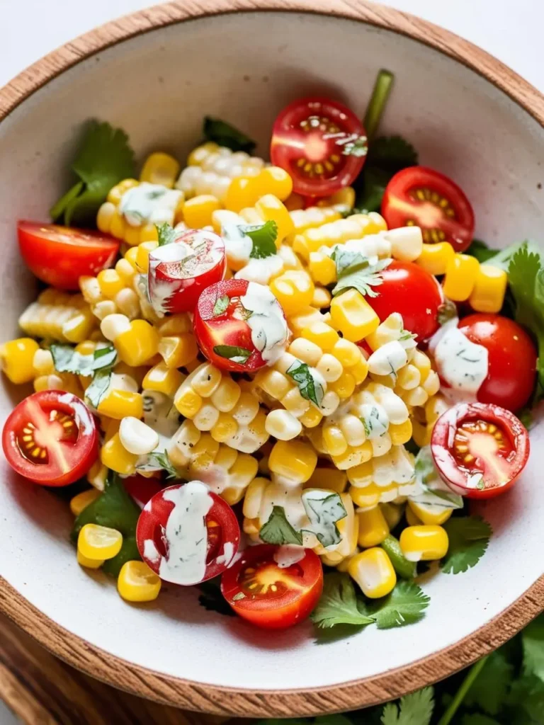 A bowl of ranch corn salad featuring bright, juicy corn kernels mixed with halved cherry tomatoes and drizzled with creamy ranch dressing. The salad is garnished with fresh cilantro leaves, adding a touch of green and a hint of herbal flavor. The vibrant yellow of the corn contrasts beautifully with the deep red tomatoes, creating a visually appealing, fresh, and light dish perfect for summer gatherings or picnics.