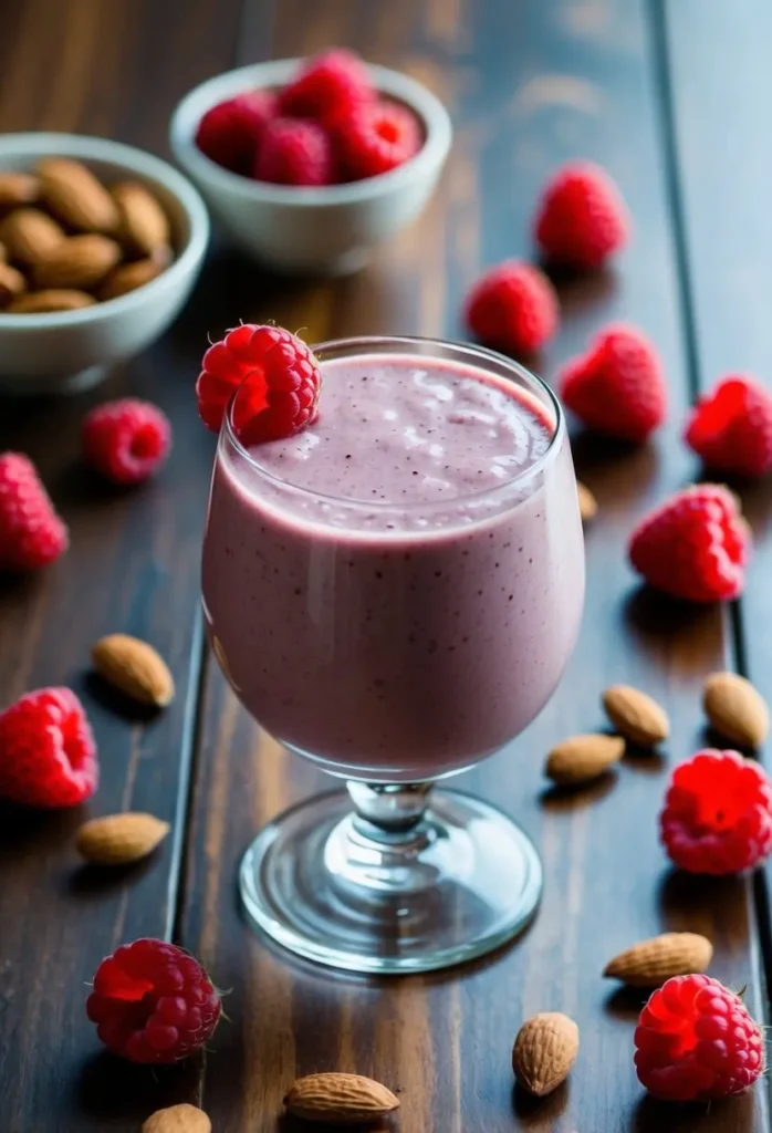 A glass of raspberry almond smoothie surrounded by fresh raspberries and almonds on a wooden table