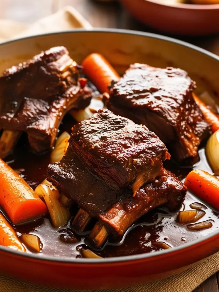 A pot of red wine braised short ribs simmering on a stove