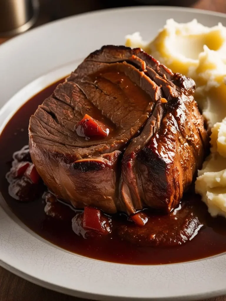 A juicy slice of pot roast served on a white plate with mashed potatoes. The meat is tender and flavorful, covered in a rich, dark gravy.