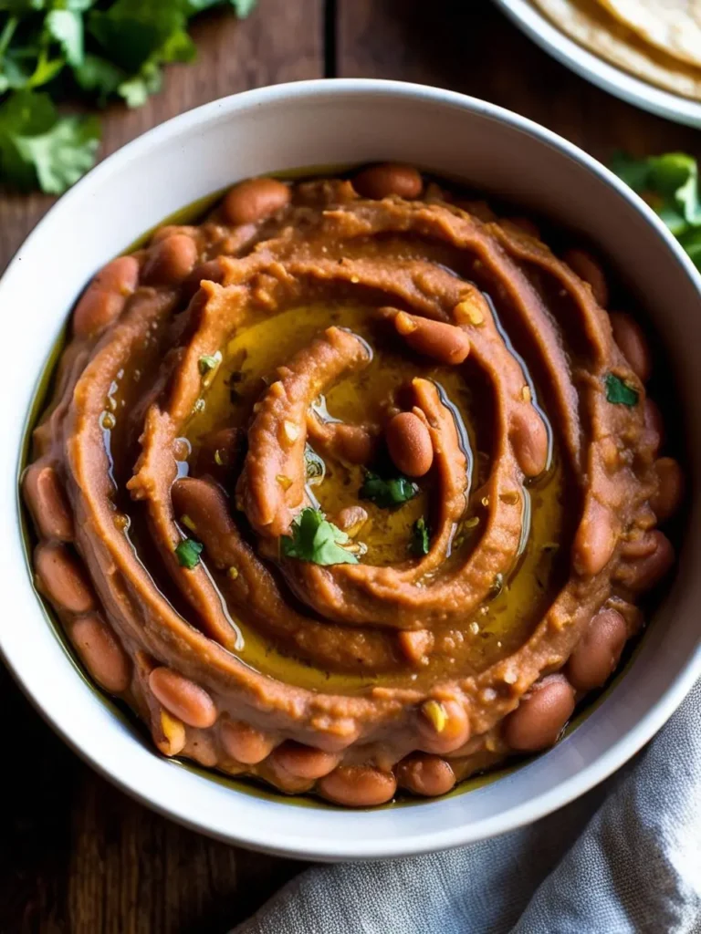 A steaming pot of refried pinto beans surrounded by colorful spices and fresh cilantro