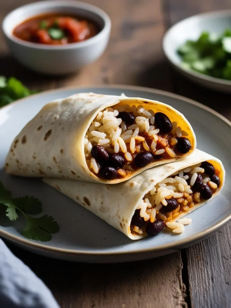 Two large burritos filled with white rice and black beans are sliced open on a plate. A small bowl of salsa and a bowl of chopped cilantro are in the background.